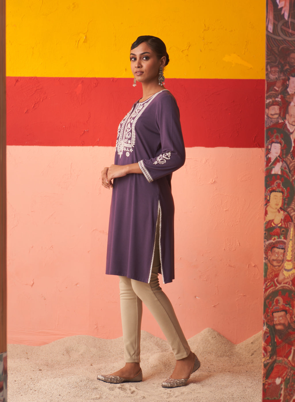 Purple Kurta for Women with Threadwork and Lace Detailing