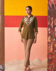 Dark Green Stretchable Kurti for Women with Threadwork and Lace Work