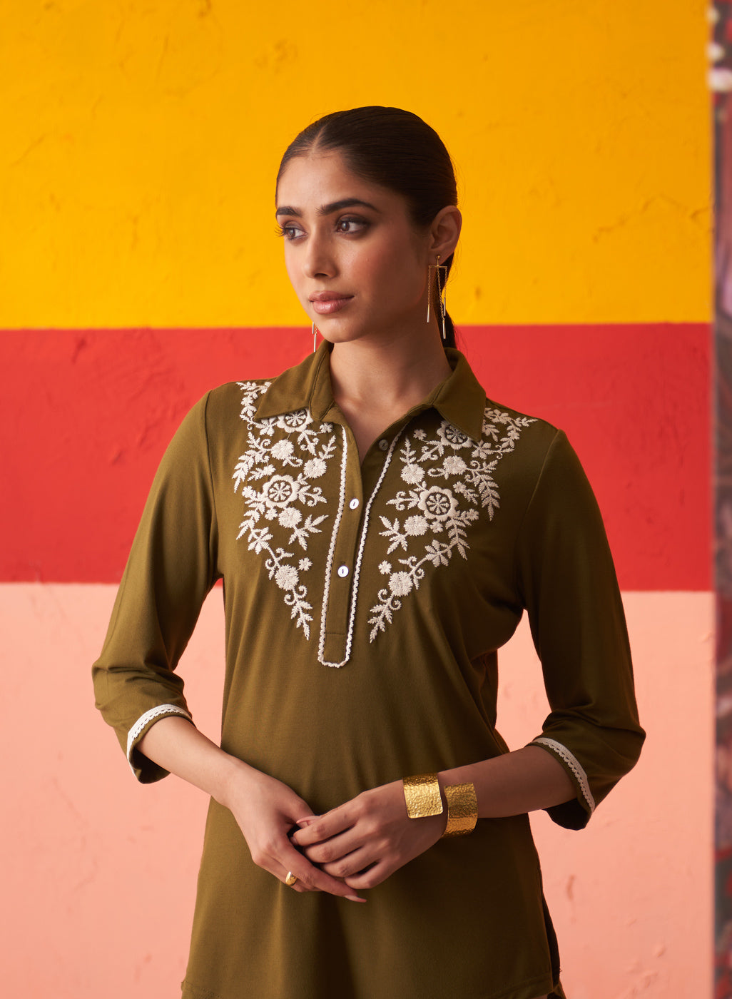 Dark Green Stretchable Kurti for Women with Threadwork and Lace Work