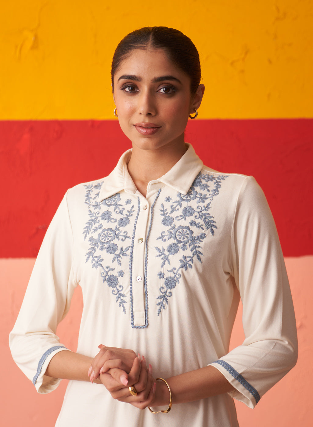 White Stretchable Kurti for Women with Threadwork and Lace Work
