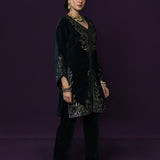 Paro Green Resham Embroidred Velvet Long Co-ord Set