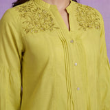 Lemon Cotton Resham Zari Embroidered Puff Sleeve Shirt