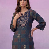 Navy All-Over Printed Cotton A-Line Kurta Set