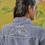 Anaya Stone Blue Embroidered Linen-Textured Shirt