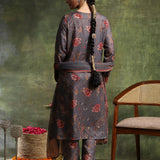 Wool Blend Floral Printed Kurta Trouser Dupatta Set