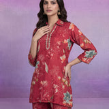 Red Cotton Blend Printed Sequin Co-ord Set