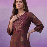 Wine All-Over Printed Cotton A-Line Kurta Set