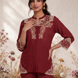 Zia Red Dori Embroidered Shantoon Blend Co-ord Set