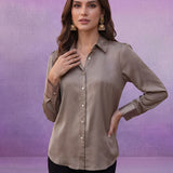 Solid Beige Satin Straight Full-Sleeve Shirt