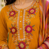 Cotton Blend Embroidered Kurta Trouser Dupatta Set