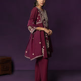 Aarvi Wine Floral Embroidered Suit Set with Dupatta