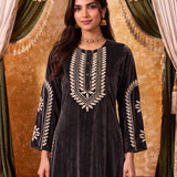 Kavya Mouse Grey Embroidered Velvet Kurta Set