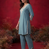 Teal Embroidered Cotton Blend Regular Kurta Set