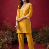 Mustard Embroidered Cotton Blend Regular Kurta Set