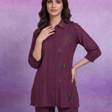 Purple Floral Embroidered Straight Co-ord Set