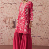 Joy Carmine Red Embroidered Rayon Salwar Suit Set with Dupatta