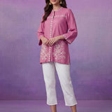 Pink Embroidered Cotton Slub Relaxed Top