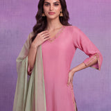 Green Terylene Straight Kurta Set with Dupatta