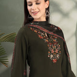 Silk Blend Floral Yoke Embroidered Kurta Palazzo Dupatta Set