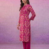 Fuchsia Ikat Printed Kurta Set with Dori Embroidery