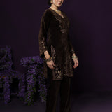 Paro Brown Resham Embroidred Velvet Long Co-ord Set