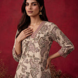 Cream Metallic Print & Pearl Kurta Set