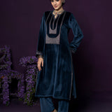 Fareen Teal Embroidered Velvet Suit Set with Dupatta