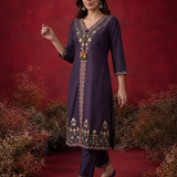 Ibadat Deep Purple Floral Embroidered Rayon V-neck Kurta Set with Pockets