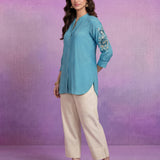 Aqua Cotton Resham Sequin Embroidered Shirt