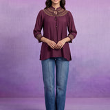 Women’s Wine Viscose Smocked Yoke Straight Tunic