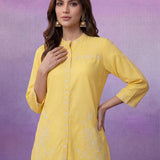 Yellow Embroidered Cotton Slub Relaxed Top