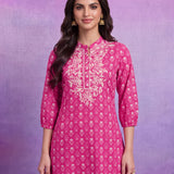 Fuchsia Pure Cotton Embroidered Mandarin Collar Co-ord Set