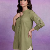 Light Green Cotton Resham Sequin Embroidered Shirt