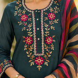 Cotton Blend Embroidered Kurta Trouser Dupatta Set