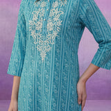 Aqua Blue All-Over Printed Cotton Cambric Straight Kurti