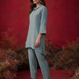 Aqua Teal Embroidered Cotton High-Low Co-Ord Set