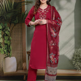 Silk Blend Floral Yoke Embroidered Kurta Palazzo Dupatta Set