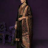 Vedhi Olive Green Embroidered Velvet Suit Set with Brasso Dupatta