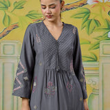 Zoya Mouse Gery Embroidered Panelled A-Line Kurta Set