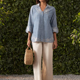 Sara Blue Embroidered Chambray Shirt for Women