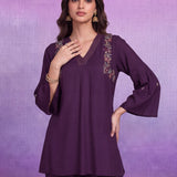 Purple Rayon V-Neck Co-ord Set with Palazzo
