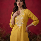 Yellow Mirror Work Cotton Kurta Set