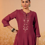 Tara Matt Maroon Embroidered Anarkali Suit Set