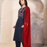 Cotton Blend Floral Embroidered Kurta Palazzo Dupatta Set