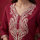 Fuchsia Embroidered Cotton Straight Kurta Set