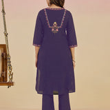 Ibadat Deep Purple Floral Embroidered Rayon V-neck Kurta Set with Pockets