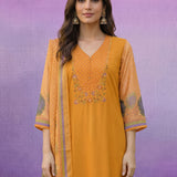 Yellow Printed Suit Set with Applique Neckline