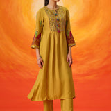 Vanya Fire Mustard Embroidered Panelled Kurta Set
