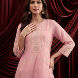 Baby Pink Embroidered Chanderi A-Line Suit Set
