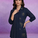 Navy Blue Floral Embroidered Straight Co-ord Set